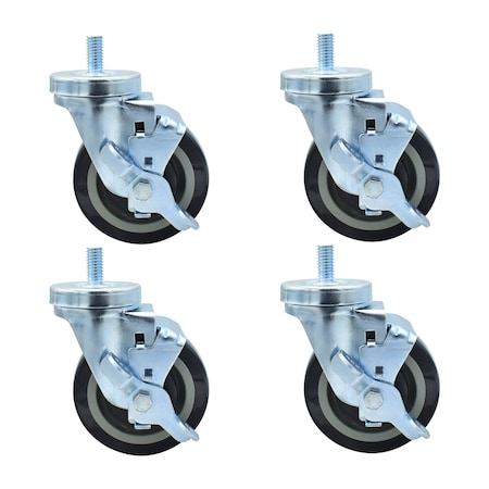 Bk Resources 4-inch Threaded Stem Casters, Polyurethane Wheels, Brake, 300lb Capacity, Acid Resistant, 4PK 4SBR-4ST-PLY-PS4
